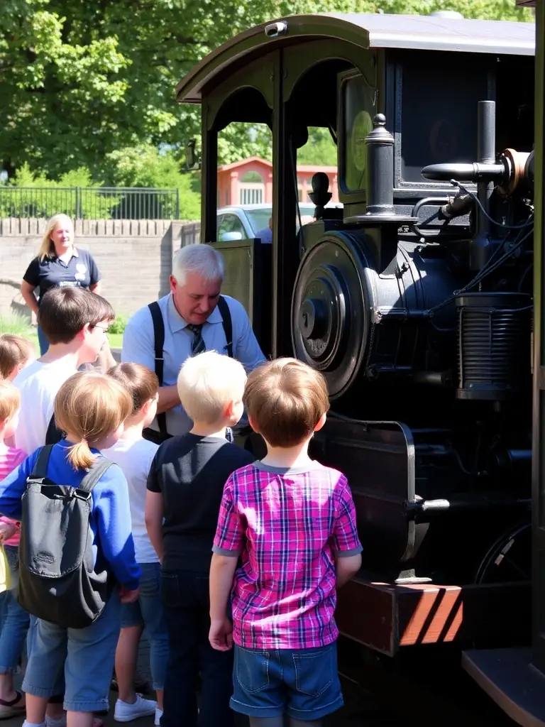 A photograph of children and adults gathered around a vintage steam tramway exhibit, participating in an educational activity led by a museum educator.