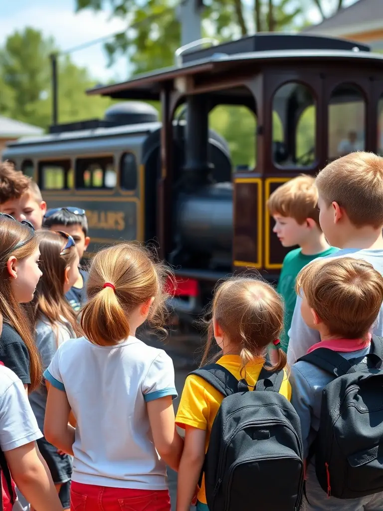 A photograph capturing a group of students attentively listening to a museum guide during an educational tour of vintage steam tramways.