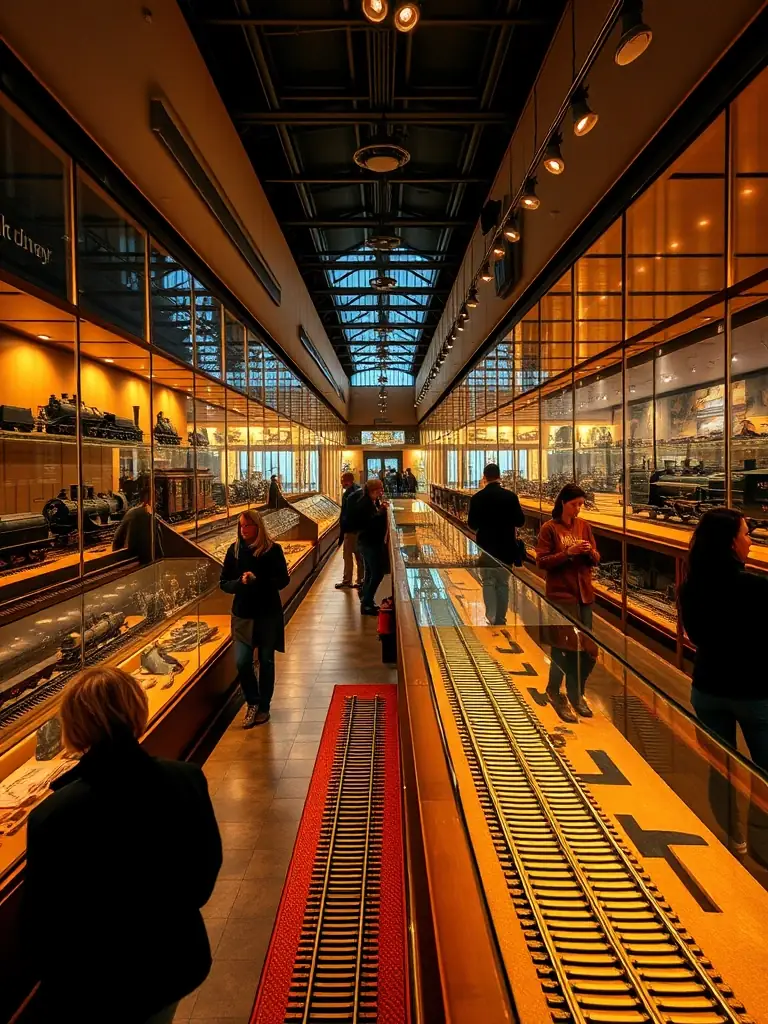 A wide shot of a meticulously curated exhibition at the MUSEUM OF STEAM TRAMWAYS AND RAILWAYS, showcasing historical railway artifacts and models.