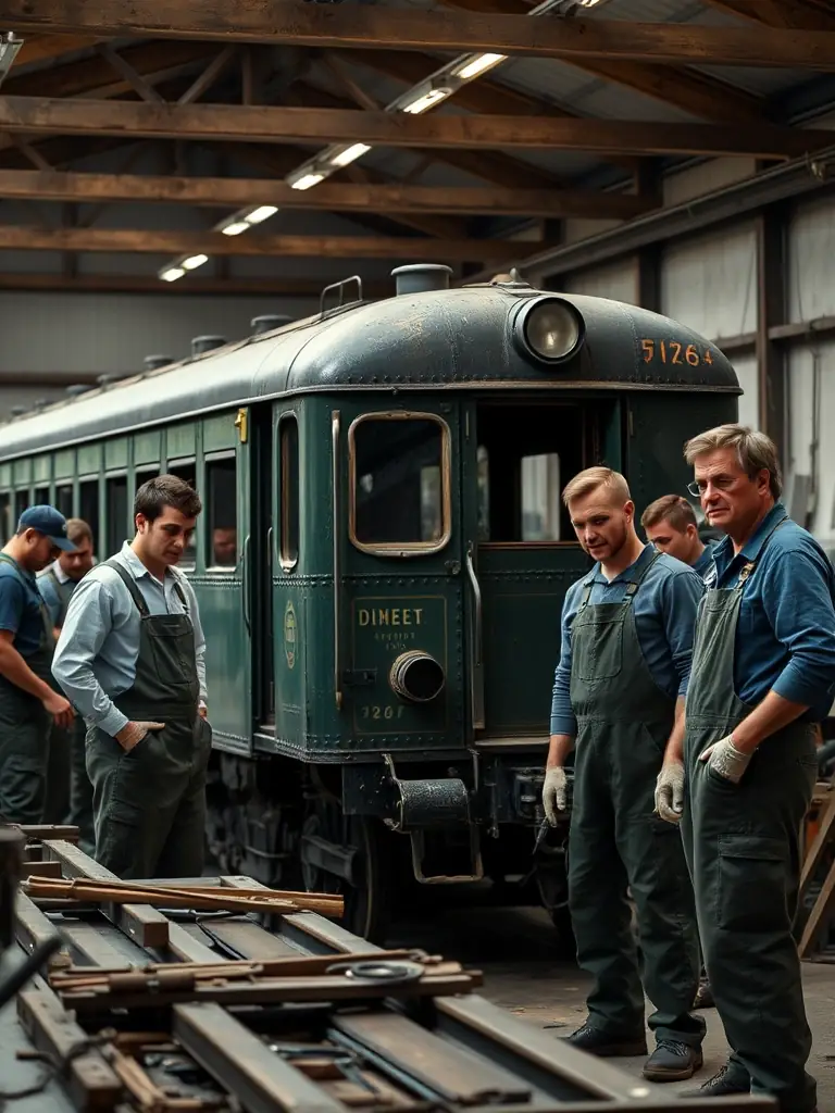 A photograph of a group of volunteers restoring a vintage train car, showcasing the museum's commitment to preserving railway heritage.