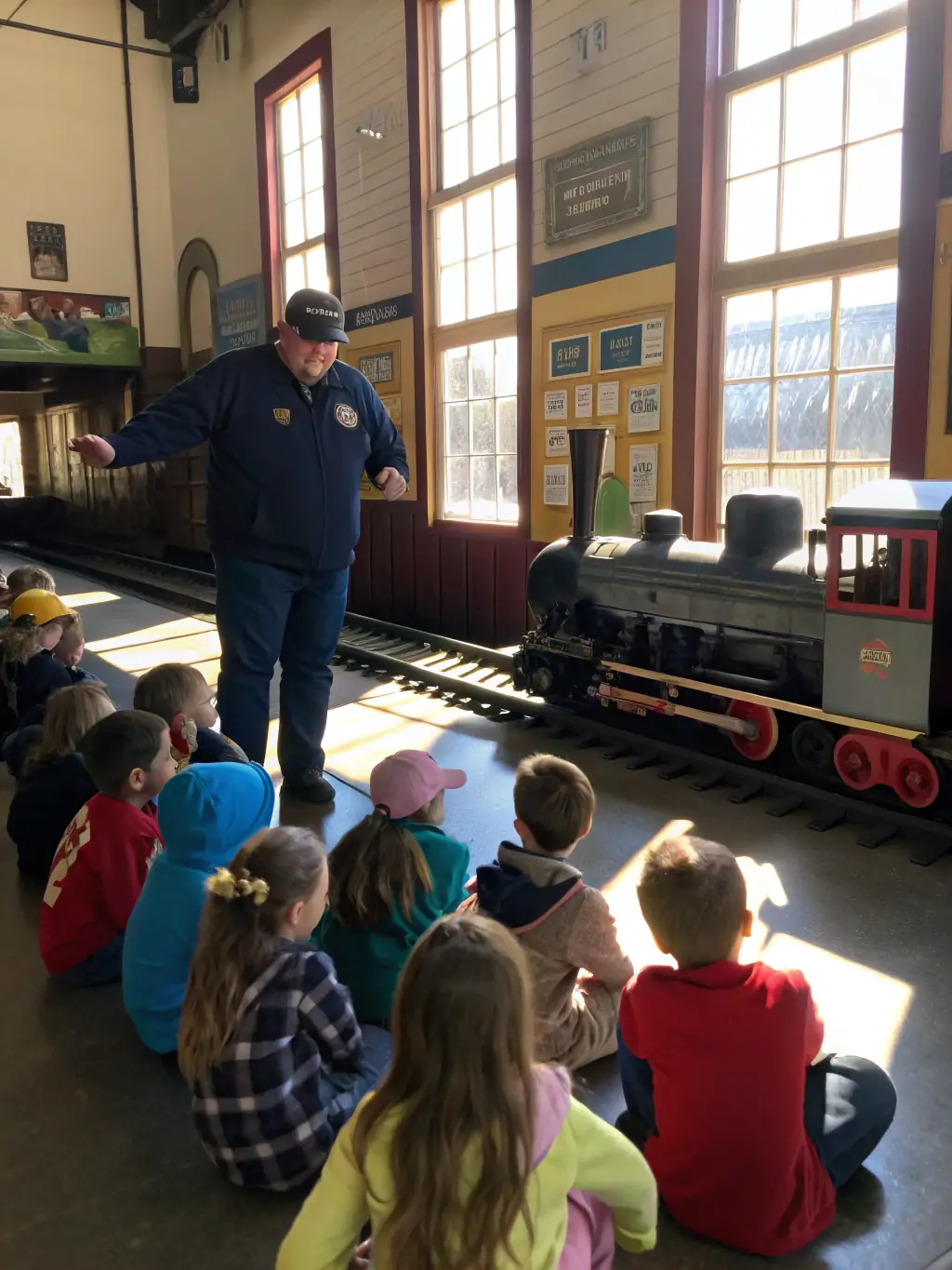 A photograph of children participating in a hands-on workshop at the MUSEUM OF STEAM TRAMWAYS AND RAILWAYS, learning about the mechanics of a steam engine.