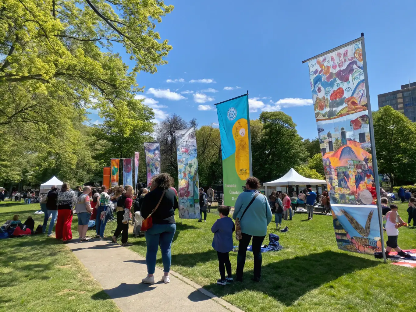 A photograph capturing a community event organized by En Compagnie des Cigales, showing diverse participants interacting and enjoying artistic activities in a public space, highlighting the organization's dedication to community engagement.