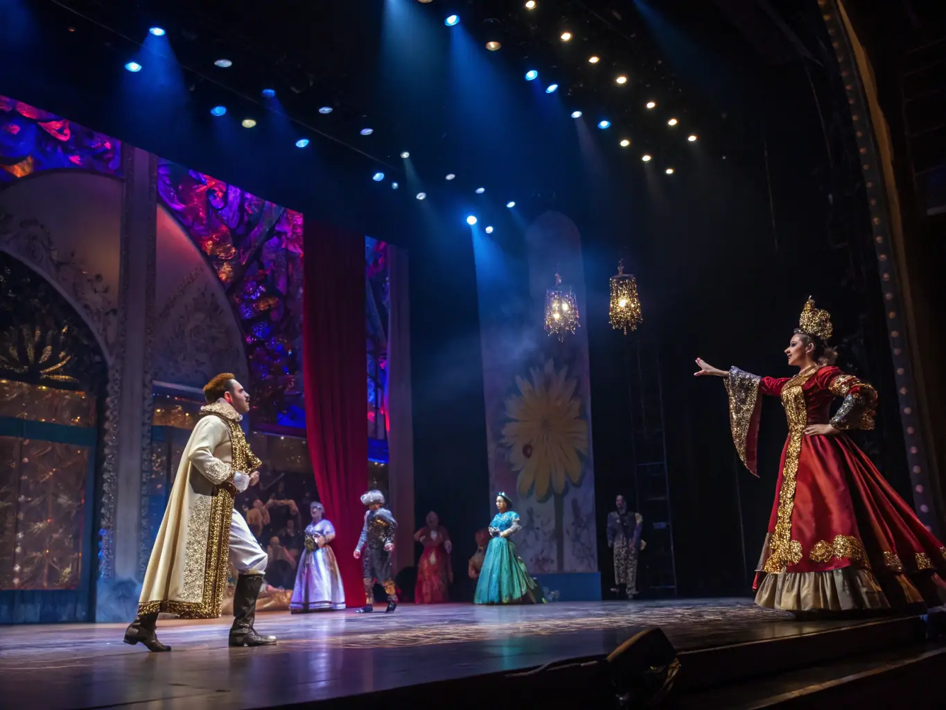 A vibrant photograph capturing a scene from one of En Compagnie des Cigales' multidisciplinary live performances, showcasing actors in costume on stage with dynamic lighting and set design.