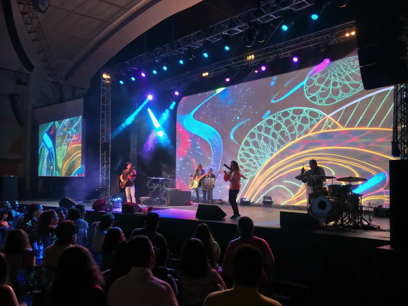 A dynamic image showcasing performers interacting with holographic projections during a live performance, emphasizing the integration of technology and art.