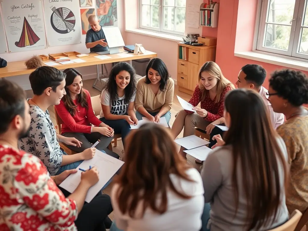 A photograph of participants actively engaged in a theater workshop led by En Compagnie des Cigales, showing people of different ages and backgrounds working together on a creative exercise.