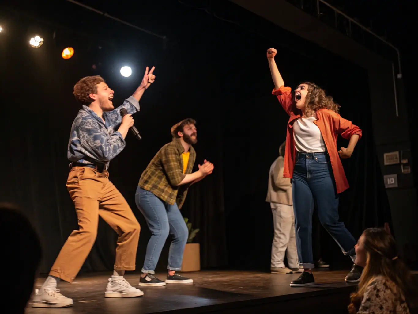 A visually striking image of a stage performance featuring a blend of dance, music, and theatrical elements, showcasing the multidisciplinary nature of the organization's work.