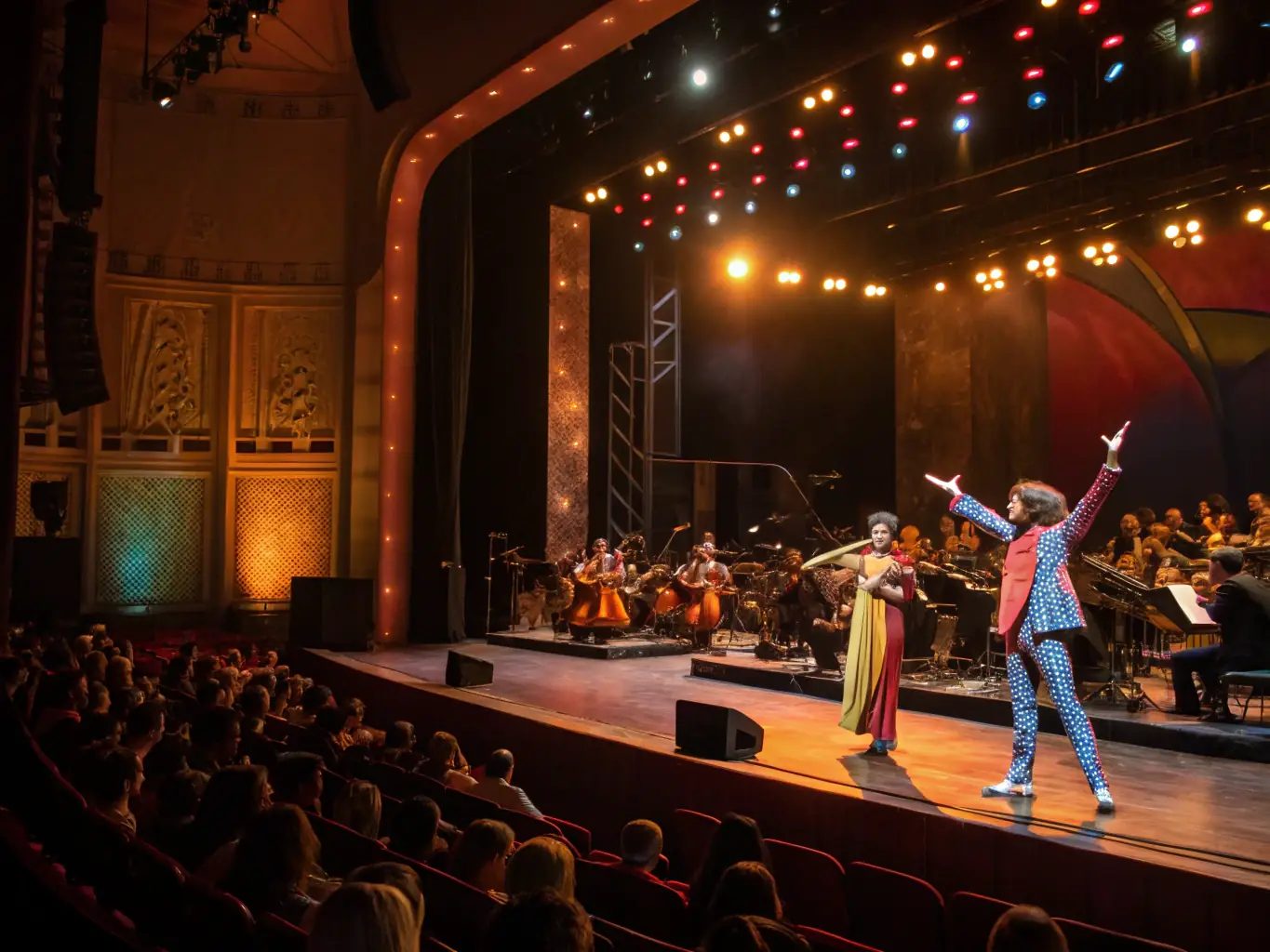 A vibrant stage performance featuring actors in colorful costumes, set against a backdrop of dynamic lighting and multimedia projections, capturing the essence of En Compagnie des Cigales' multidisciplinary approach to live theater.