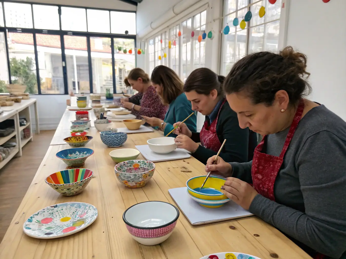 A group of participants actively engaged in a creative workshop, learning new skills and techniques under the guidance of experienced instructors, reflecting En Compagnie des Cigales' commitment to arts education.